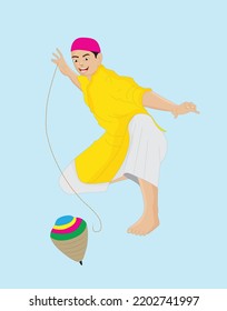 Indian Boy Spinning Desi Top Toy, Lattu, Wearing Shalwar Kameez And Cap, Topi