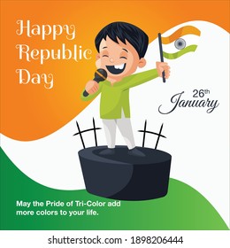 Indian boy is standing on stage holding flag and mike in hand. Happy republic day banner design. Vector cartoon illustration.