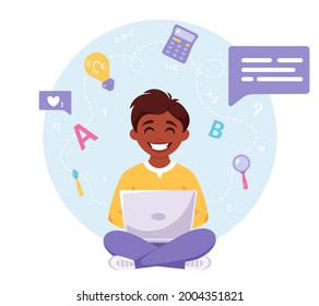 Indian boy studying with computer. Online learning, back to school concept. Vector illustration