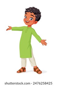 Indian boy in traditional clothing greeting with wide open arms. Cartoon vector illustration isolated on white background.