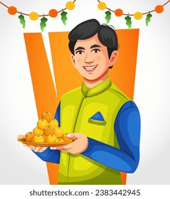 Indian Boy in traditional ethnic clothes celebrating Diwali, holding a plate full of Laddu. Diwali celebration greeting card, vector illustration design.