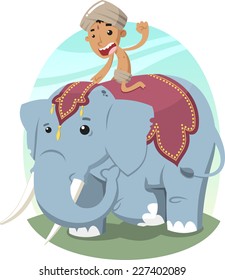 Indian Boy with Turban Riding an Elephant, vector illustration cartoon.