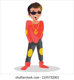 Indian boy is wear sunglasses and hands on pocket. Vector graphic illustration. Individually on a white background.
