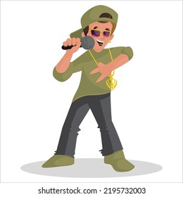 Indian boy is wearing a cap and holding the mike and singing song. Vector graphic illustration. Individually on a white background.