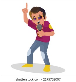 Indian boy is wearing sunglasses and singing songs in mike. Vector graphic illustration. Individually on a white background.