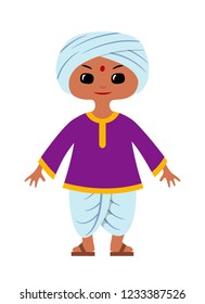 Indian boy wearing traditional clothes: dhoti, kurta and turban. Character design. Vector illustration in chibi style, isolated on white