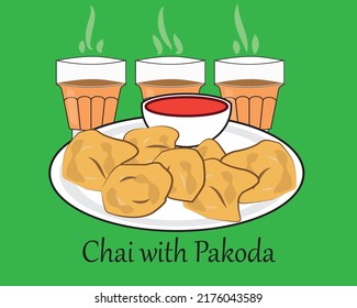 Chai de desayuno indio con pakode, vector de comida indio, ilustración de vector de comida.