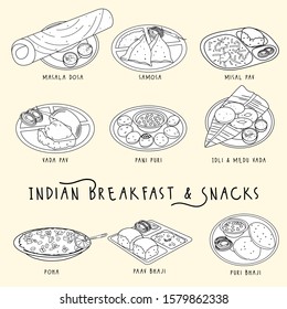 Indian Breakfast & Snacks set, hand Drawn vector for restaurant menu cards 