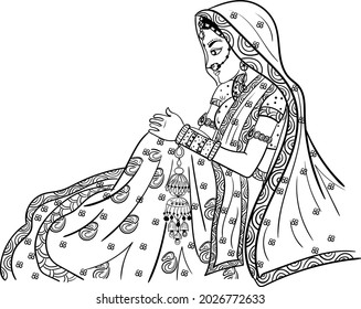 Indian Bride Black White Line Drawing Stock Vector (Royalty Free ...