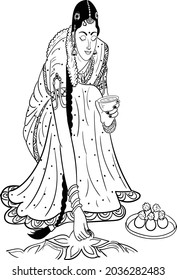 Indian bride black and white line drawing clip art. Indian wedding clip art of bride in traditional wedding dress, with rangoli black and white clip art symbol. Indian women symbol line art.