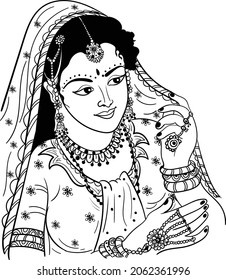 Indian Bride Black White Line Drawing Stock Vector (Royalty Free ...