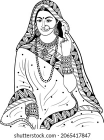 Indian bride black and white line drawing clip art. Indian wedding clip art of bride in traditional wedding dress, and jewellery, black and white clip art symbol. Indian women symbol line art.