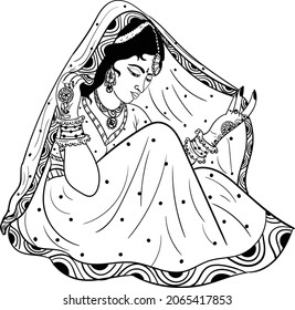 Indian bride black and white line drawing clip art. Indian wedding clip art of bride in traditional wedding dress, and jewellery, black and white clip art symbol. Indian women symbol line art.