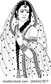 Indian bride black and white line drawing clip art. Indian wedding clip art of bride in traditional wedding dress, and jewellery, black and white clip art symbol. Indian women symbol line art.
