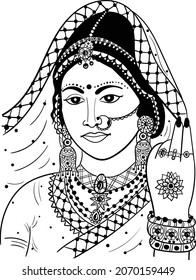 Indian bride black and white line drawing clip art. Indian wedding clip art of bride in traditional wedding dress, and jewellery, black and white clip art symbol. Indian women symbol line art.