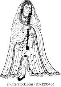 Indian bride black and white line drawing clip art. Indian wedding clip art of bride in traditional wedding dress, and jewellery, black and white clip art symbol. Indian women symbol line art.