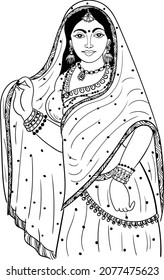 Indian bride black and white line drawing clip art. Indian wedding clip art of bride in traditional wedding dress, and jewellery, black and white clip art symbol. Indian women symbol line art.