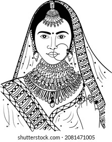 Indian bride black and white line drawing clip art. Indian wedding clip art of bride in traditional wedding dress, and jewellery, black and white clip art symbol. Indian women symbol line art.