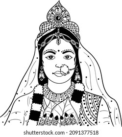 Indian bride black and white line drawing clip art. Indian wedding clip art of bride in traditional wedding dress, and jewellery, black and white clip art symbol. Indian women symbol line art.