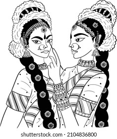 Indian bride black and white line drawing clip art. Indian wedding clip art of bride in traditional wedding dress, and jewellery, black and white clip art symbol. Indian women symbol line art.