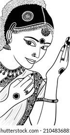 Indian bride black and white line drawing clip art. Indian wedding clip art of bride in traditional wedding dress, and jewellery, black and white clip art symbol. Indian women symbol line art.