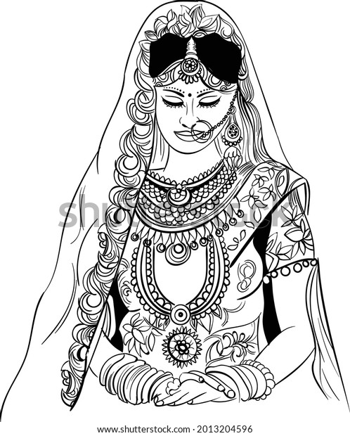 Indian Bride Black White Line Drawing Stock Vector (Royalty Free ...