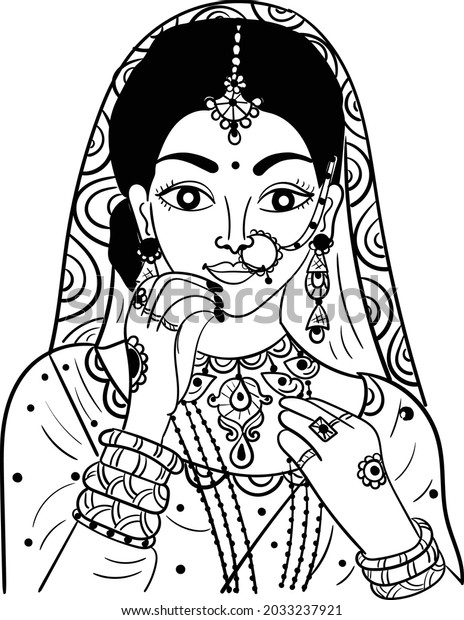 Indian Bride Black White Line Drawing Stock Vector (Royalty Free ...