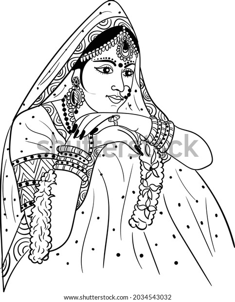 Indian Bride Black White Line Drawing Stock Vector (Royalty Free ...