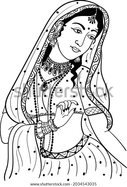 Indian Bride Black White Line Drawing Stock Vector (Royalty Free ...