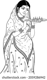 Indian bride with a diya(lamp)in her hand symbol vector black and white clip art illustration line art for hindu festival diwali. diwali diya sketch greeting, festival of light,vector art illustration