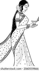 Indian bride with a diya(lamp)in her hand symbol  vector black and white clip art illustration line art for hindu festival diwali. diwali diya sketch greeting, festival of light,vector art illustratio
