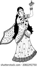 Indian bride with a diya(lamp)in her hand symbol vector black and white clip art illustration line art for hindu festival diwali. diwali diya sketch greeting, festival of light,vector art illustration