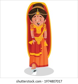 Indian bride is doing home entry ritual. Vector graphic illustration. Individually on white background.
