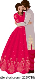 Indian bride and groom in beautiful costumes at the wedding A girl in a red dress with a pattern The guy hugs her Vector