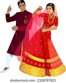 Novia y novio indios bailando en una boda. Novia en un hermoso sari rojo con un patrón y joyas de oro. Esposo indio de color burdeos vestido de novia nacional Vector