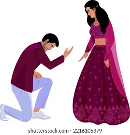 indian bride and groom in elegant purple suits at the wedding Handsome groom extending his hand to the bride newlyweds smiling Vector