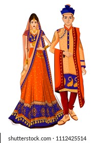 Indian Bride and Groom in ethnic dress Lengha and Serwani for wedding Day. Vector illustration