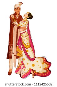 Indian Bride and Groom in ethnic dress Lengha and Serwani for wedding Day. Vector illustration