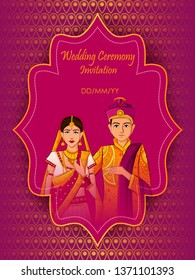 Indian Bride and Groom in ethnic dress Lengha and Serwani for wedding Day. Vector illustration