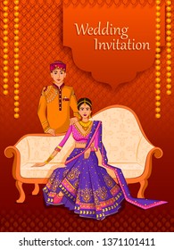 Indian Bride and Groom in ethnic dress Lengha and Serwani for wedding Day. Vector illustration