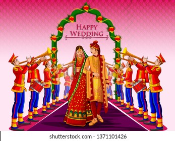 Indian Bride and Groom in ethnic dress Lengha and Serwani for wedding Day. Vector illustration