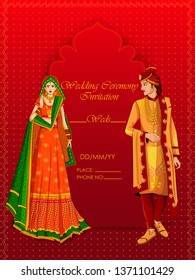 Indian Bride and Groom in ethnic dress Lengha and Serwani for wedding Day. Vector illustration