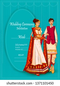 Indian Bride and Groom in ethnic dress Lengha and Serwani for wedding Day. Vector illustration