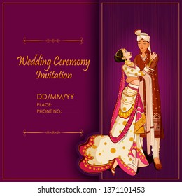 Indian Bride and Groom in ethnic dress Lengha and Serwani for wedding Day. Vector illustration