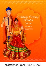 Indian Bride and Groom in ethnic dress Lengha and Serwani for wedding Day. Vector illustration