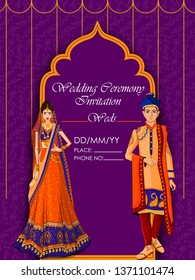 Indian Bride and Groom in ethnic dress Lengha and Serwani for wedding Day. Vector illustration