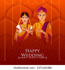 Indian Bride and Groom in ethnic dress Lengha and Serwani for wedding Day. Vector illustration