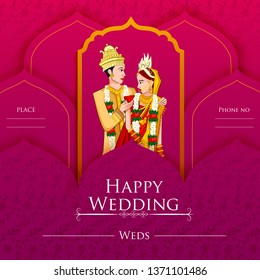 Indian Bride and Groom in ethnic dress Lengha and Serwani for wedding Day. Vector illustration