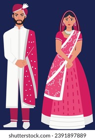 Indian Bride and Groom in ethnic dress Lengha and Serwani for wedding Day. Vector illustration