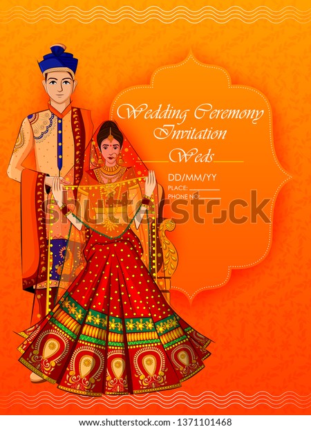 Indian Bride and Groom in ethnic\
dress Lengha and Serwani for wedding Day. Vector\
illustration